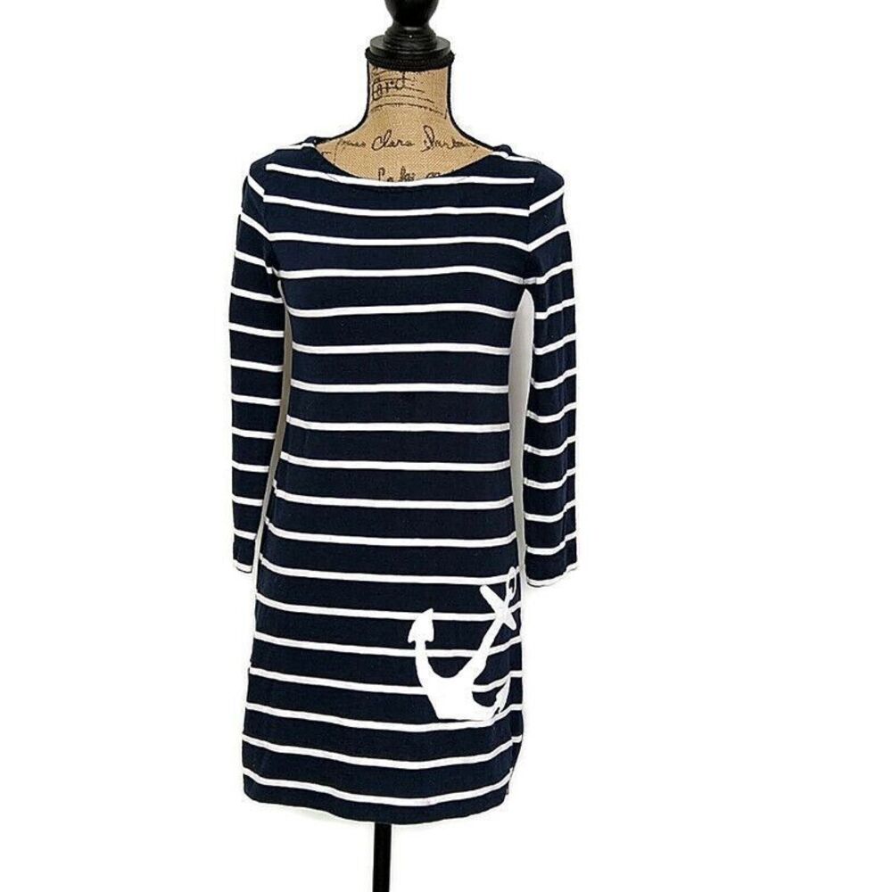 💥5/$25 J Crew Womens XXS Dress Blue Stripe Anchor Nautical Zipper Knee Length